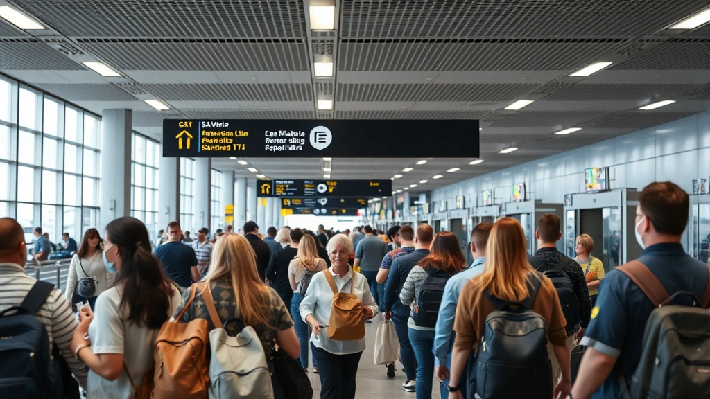Busy airport security checkpoint with travelers, TSA agents, modern airport interior, realistic professional photography