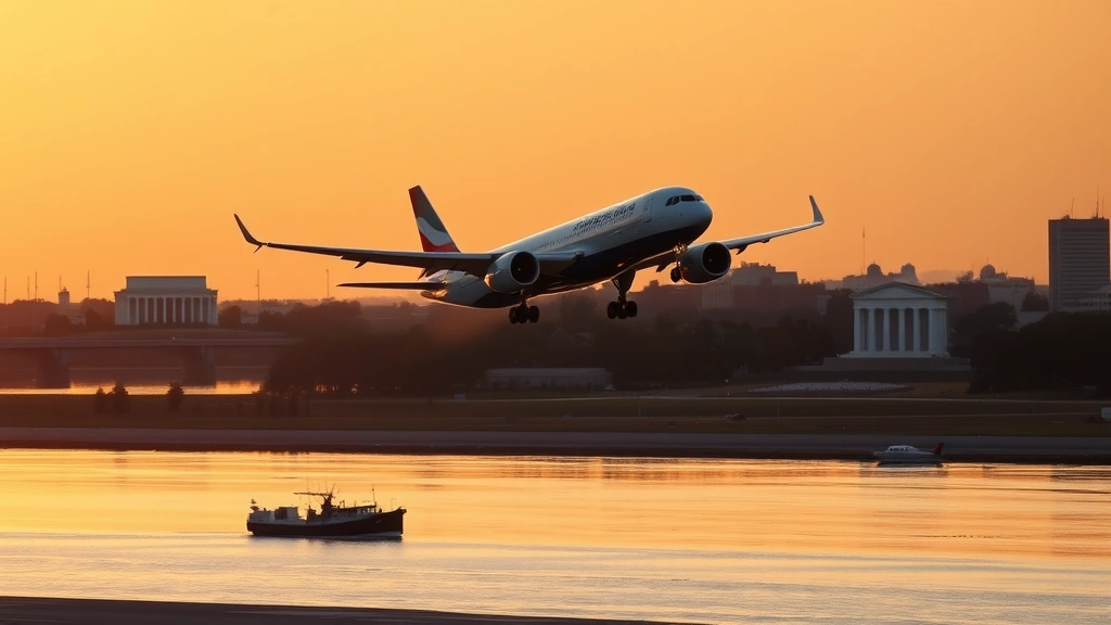 Commercial airplane taking off from Reagan National Airport in Washington DC during golden hour sunrise, with Potomac River and Lincoln Memorial visible in background, realistic detailed photography