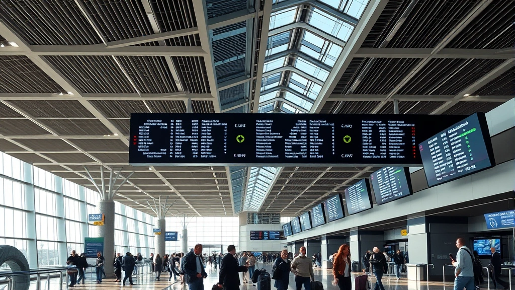 Busy O'Hare International Airport terminal interior showing departure boards and travelers, modern architecture with natural lighting, photorealistic travel scene