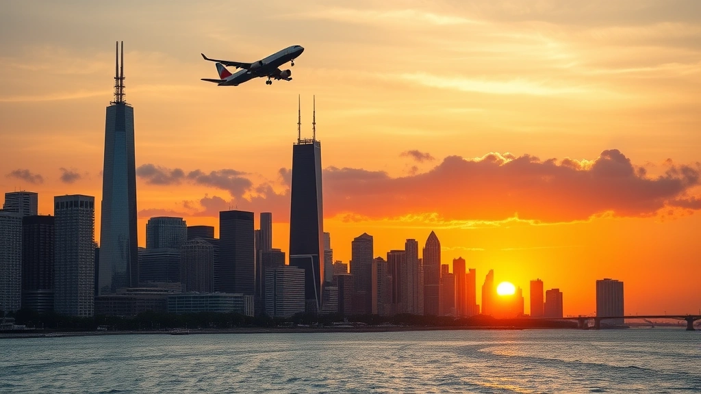 Chicago skyline featuring Willis Tower and Lake Michigan waterfront at sunset, with airplane silhouette flying overhead, realistic cityscape photography for travel destination