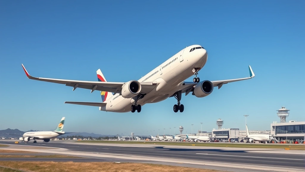 Photorealistic image of modern commercial aircraft taking off from a bustling airport with clear blue sky, showing the plane's landing gear retracting and runway stretching below