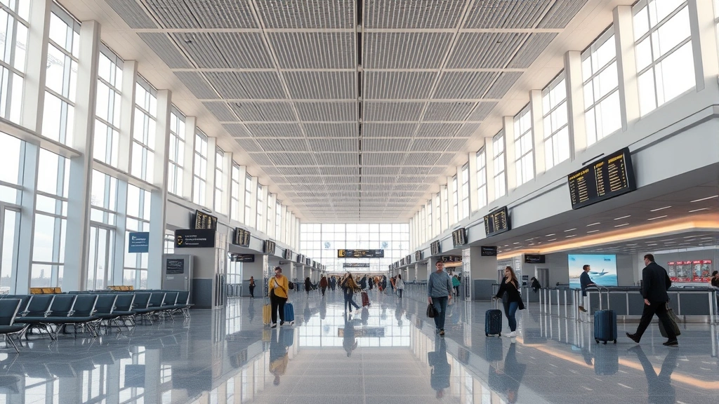Photorealistic wide-angle shot of a spacious airport terminal interior with natural lighting, modern seating areas, departure boards, and passengers walking with luggage