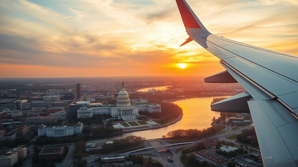 Aerial view of Washington DC skyline with Capitol Building and Potomac River during golden hour sunset, realistic photography, commercial airplane wing visible in frame edge