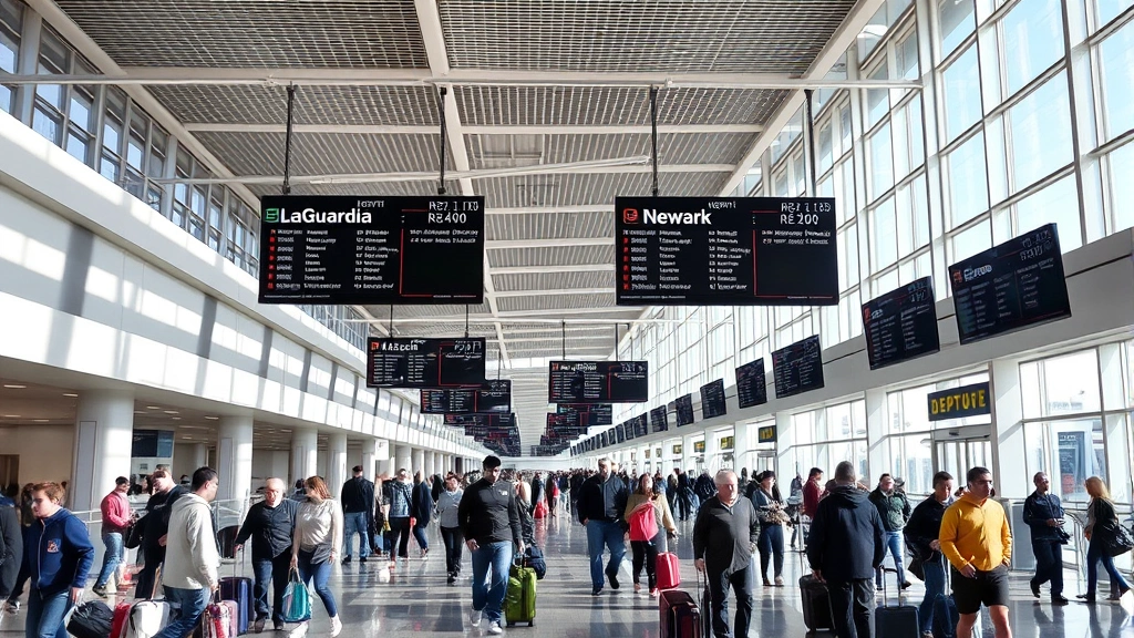 Busy LaGuardia or Newark Airport terminal interior showing travelers with luggage, departure boards, modern airport architecture, natural lighting from windows
