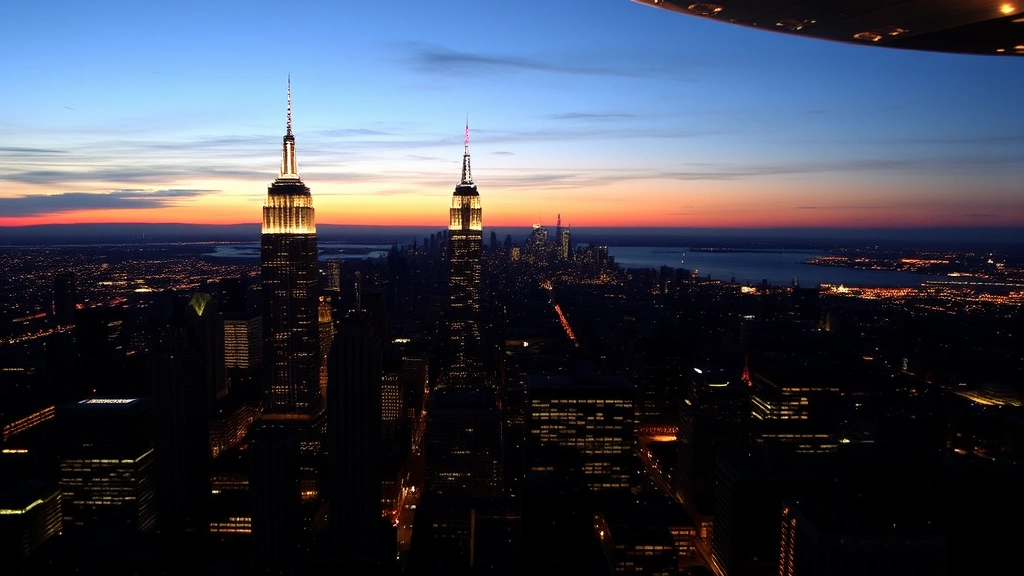 Manhattan skyline with Empire State Building and One World Trade Center at dusk, viewed from airplane window or helicopter perspective, city lights beginning to twinkle