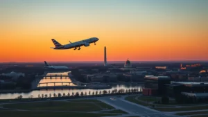 Commercial aircraft ascending from Ronald Reagan Washington National Airport during golden hour sunset with Potomac River and Washington Monument visible in background cityscape