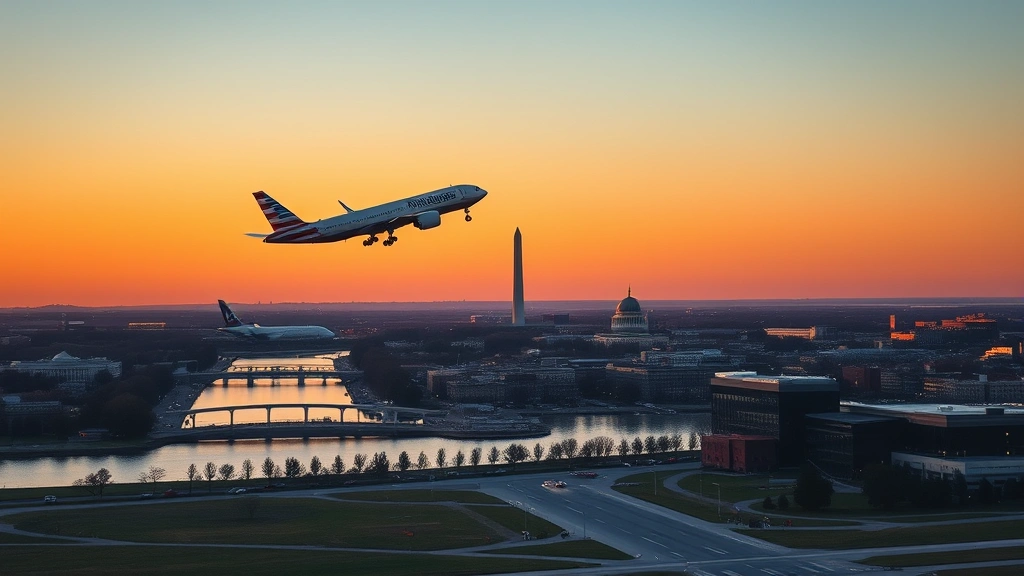 Commercial aircraft ascending from Ronald Reagan Washington National Airport during golden hour sunset with Potomac River and Washington Monument visible in background cityscape