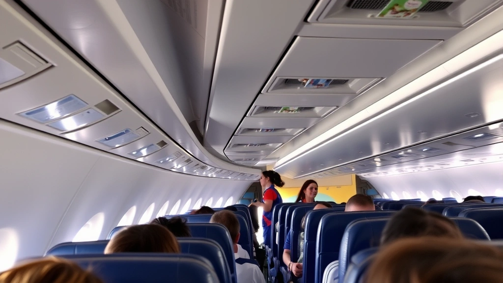 Interior cabin of Southwest Airlines aircraft with passengers seated, overhead bins, and flight attendant service visible during daytime flight over landscape