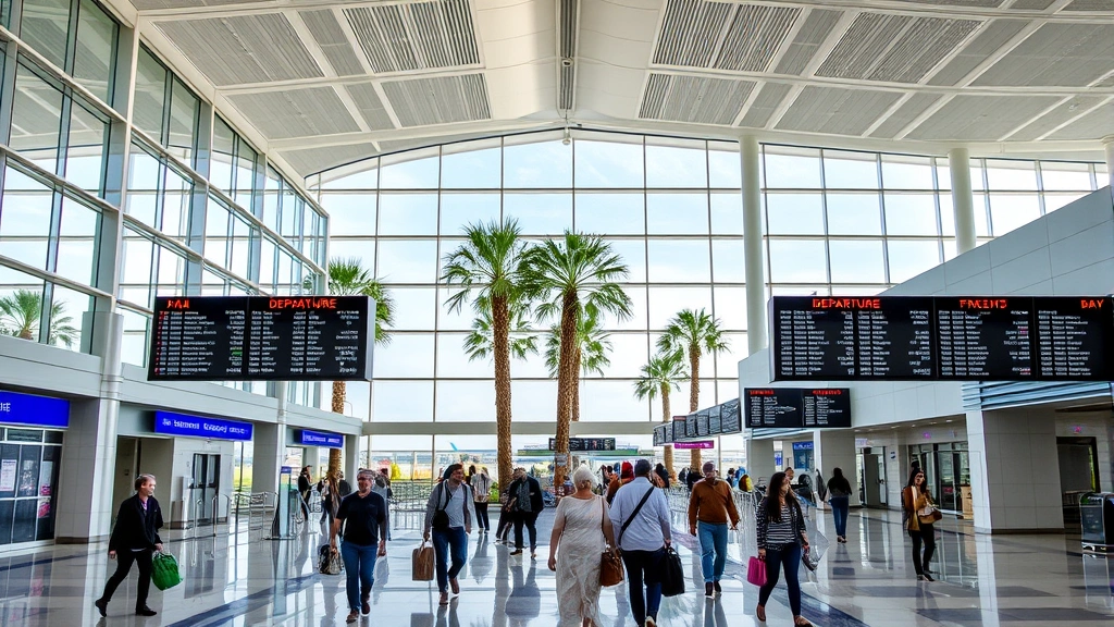 Modern Orlando International Airport terminal with travelers walking through contemporary architecture, palm trees visible through large windows, departure boards showing flight information