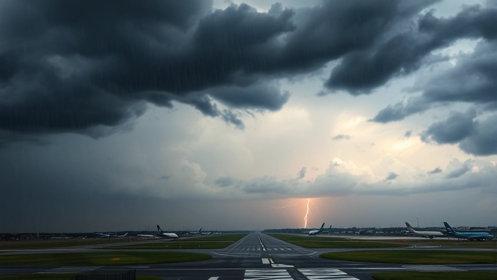 Dramatic dark storm clouds gathering over a busy airport runway with aircraft visible in the distance, heavy rain falling, lightning visible on horizon, photorealistic