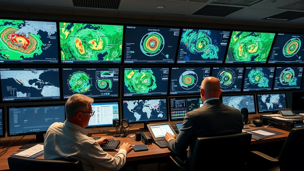 Modern airline operations center with meteorologists monitoring multiple weather radar displays and storm tracking systems, real-time data visualization, professional environment