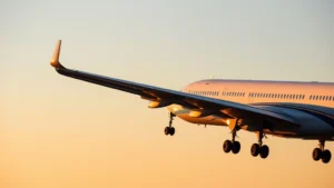 Commercial airliner on final approach to runway during golden hour, landing gear extended, clear sky background, photorealistic detail of aircraft wing and fuselage