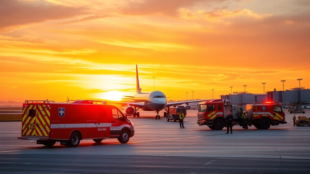 Emergency response vehicles positioned along airport runway at sunset, fire trucks and rescue equipment ready, professional ground crew visible, realistic airport operations scene