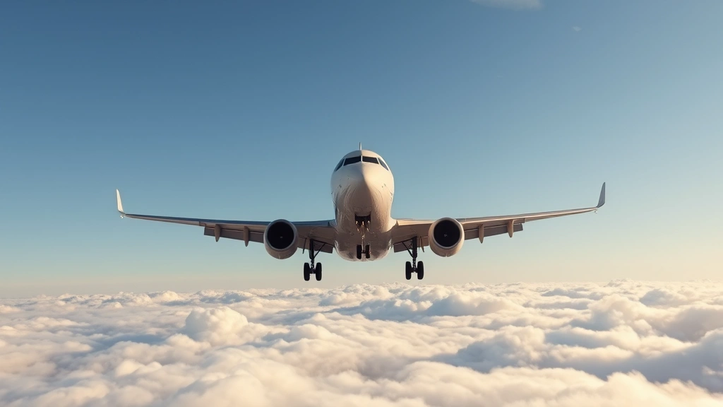 Commercial jet aircraft in flight approaching landing over clouds with clear sky, realistic photography showing perspective from ground, Boeing or Airbus commercial aircraft banking slightly
