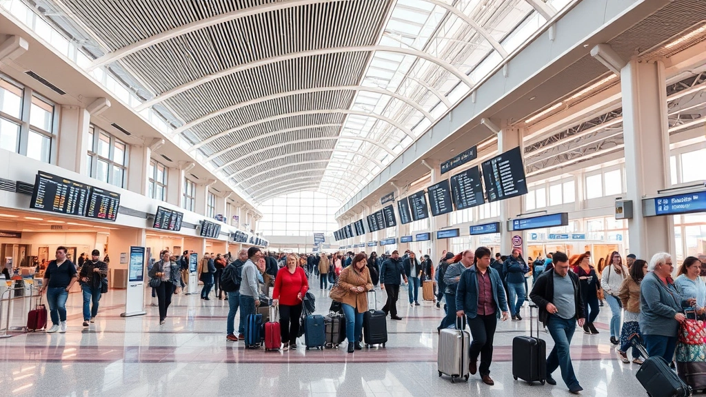 Busy airport terminal interior with passengers at gates and information displays, modern airport architecture with natural lighting, travelers with luggage near departure boards