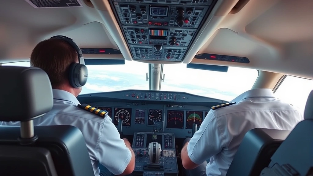 Pilot and copilot in commercial aircraft cockpit during flight, professional aviation environment showing instruments and controls, realistic interior perspective of working flight deck