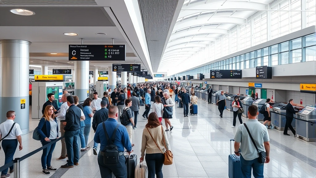 Busy airport terminal interior with passengers at gates and check-in counters, ground crew coordination visible, showing modern airport operations and infrastructure