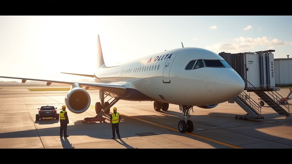 Modern Delta Air Lines aircraft on tarmac with ground crew preparing for departure, bright daylight, professional aviation environment