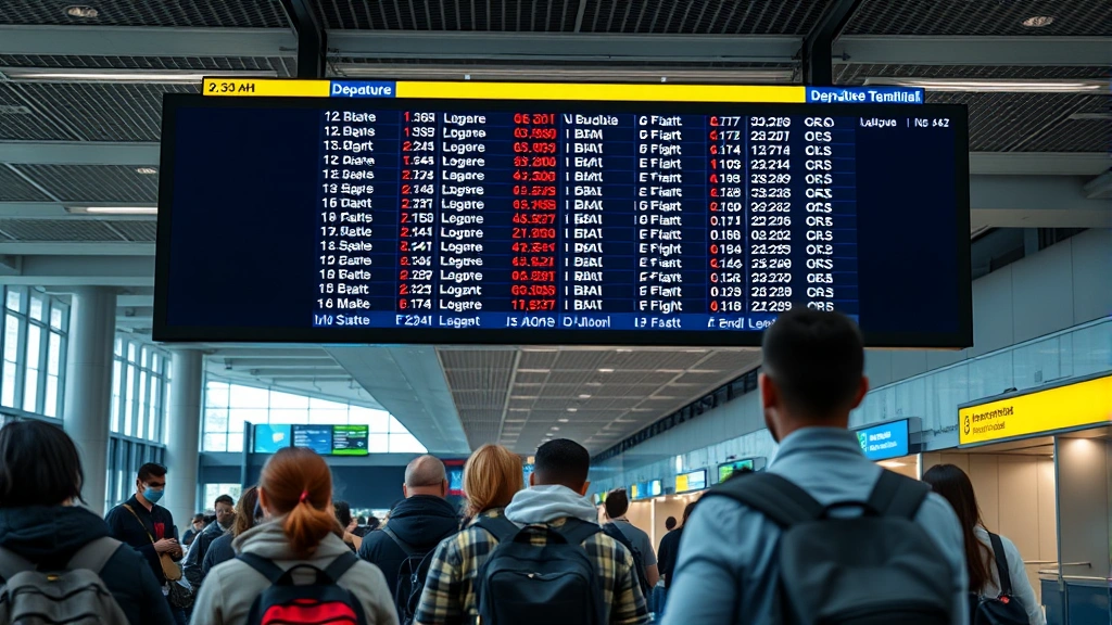 Busy airport departure board displaying flight information with passengers checking status, modern terminal interior, realistic travel scene