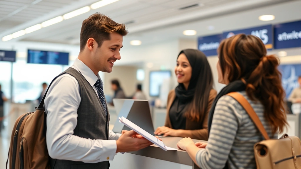 Airline customer service representative assisting passenger at ticket counter, professional setting, helpful service interaction, airport environment