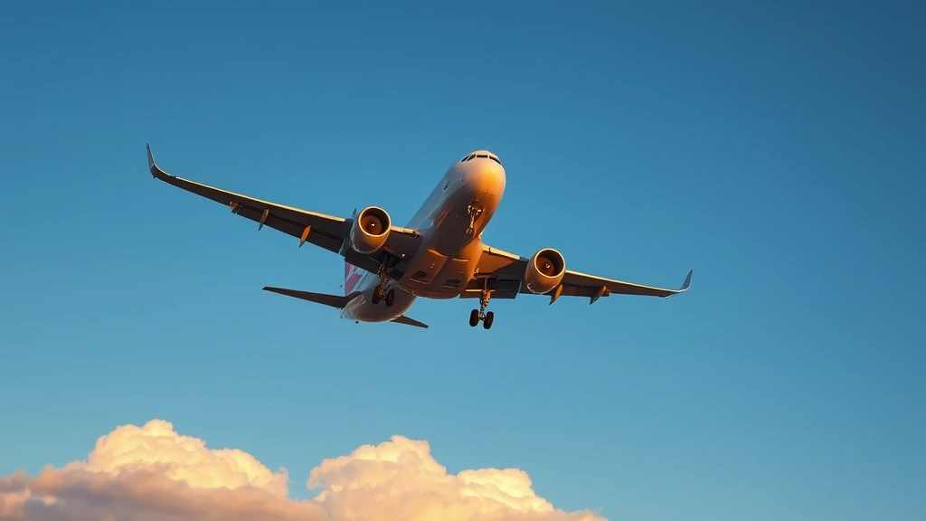 Professional commercial aircraft flying through clear blue sky with white clouds below, photographed from ground level at sunset with golden light reflecting off fuselage