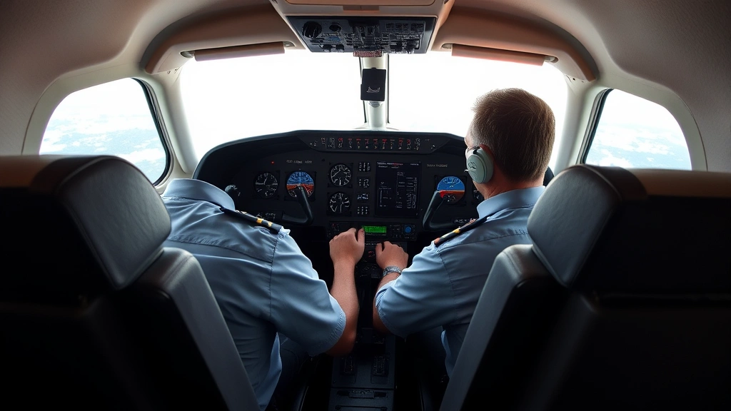 Modern aircraft cockpit interior showing pilot in uniform at controls during daylight flight, multiple instrument panels visible with natural cabin lighting