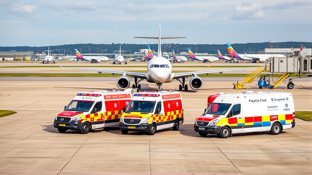 Airport emergency vehicles lined up on runway tarmac with modern commercial aircraft in background during daytime, professional emergency response setup