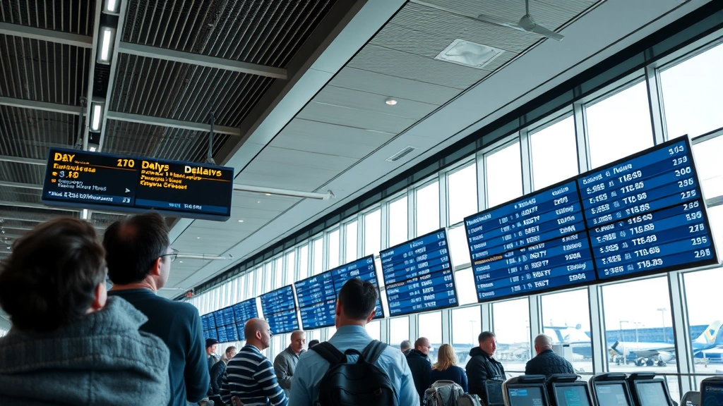 Tired passengers waiting in modern airport terminal with departure boards showing delays, natural lighting from large windows, realistic travel disruption scene