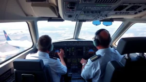 Modern Delta Boeing aircraft cockpit with pilots monitoring flight systems and weather radar during cruise altitude, professional aviation environment