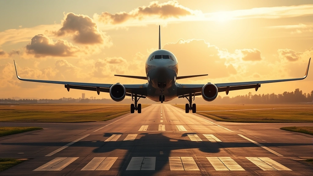 Commercial aircraft descending toward airport runway during afternoon light with clouds visible, realistic aviation photography