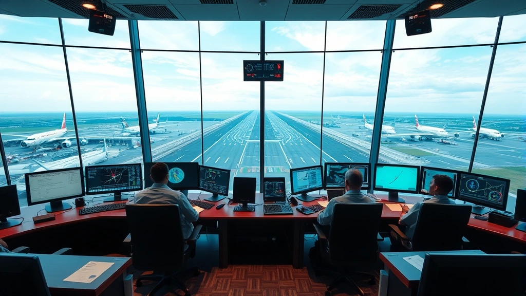 Air traffic control tower interior with controllers monitoring radar screens and aircraft positions, professional aviation operations center