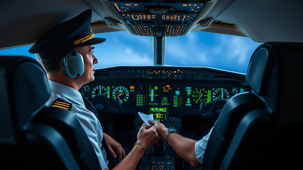 Professional pilot in full uniform conducting preflight check in modern aircraft cockpit with illuminated instrument panels and control systems