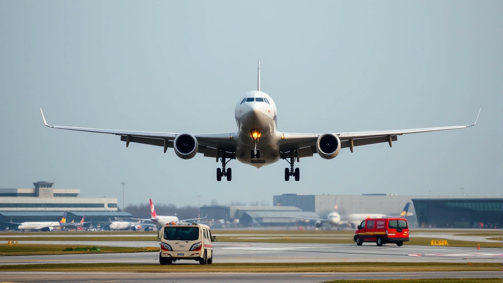 Modern commercial aircraft executing smooth landing approach with landing gear deployed, viewed from tarmac with airport emergency vehicles standing by