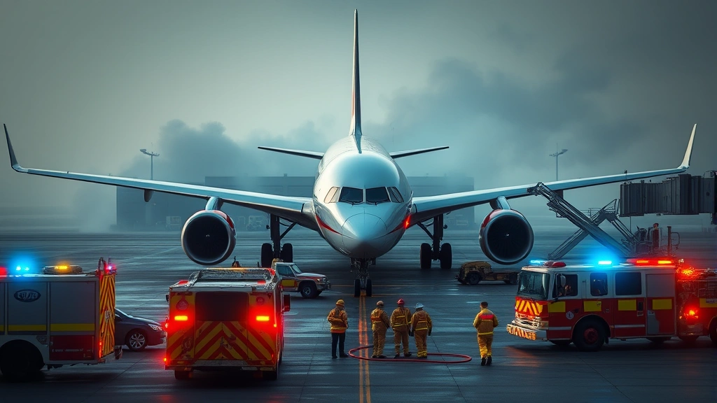 Commercial aircraft on tarmac surrounded by fire trucks and emergency vehicles with personnel in safety gear, dramatic but professional emergency response scene