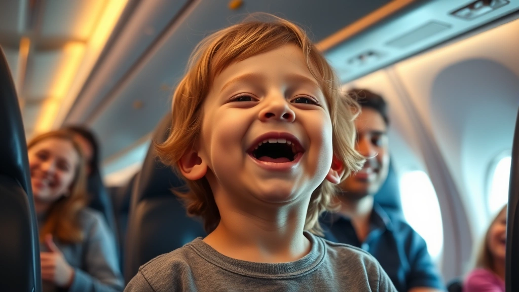 Young child singing joyfully in airplane cabin with warm cabin lighting, other passengers smiling in background, genuine happiness on face, commercial aircraft interior setting