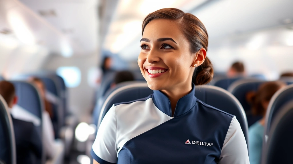 Flight attendant crew member smiling warmly while looking at passengers, professional Delta uniform visible, cabin in background with passengers, friendly in-flight service atmosphere
