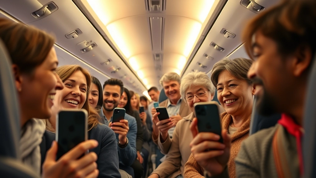Multiple diverse passengers on aircraft looking engaged and happy, some holding phones recording moment, cabin aisle visible, warm aircraft lighting, authentic human connection and community feeling