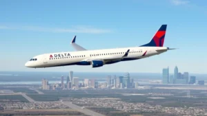 Professional photograph of Delta Air Lines aircraft in flight over Minneapolis landscape with clear sky, showing modern jet design and delta livery
