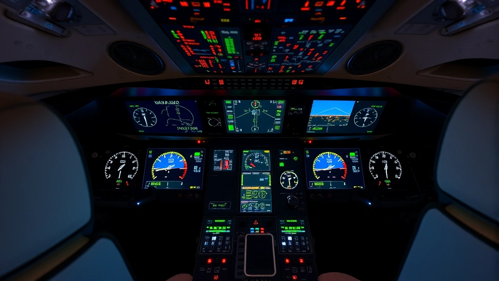 Commercial aircraft cockpit with multiple digital engine monitoring displays showing real-time performance data and gauges, pilot viewing screens during flight operations
