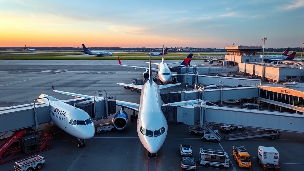 Hartsfield-Jackson Atlanta International Airport terminal exterior with multiple Delta aircraft at gates, modern airport infrastructure and maintenance facilities visible