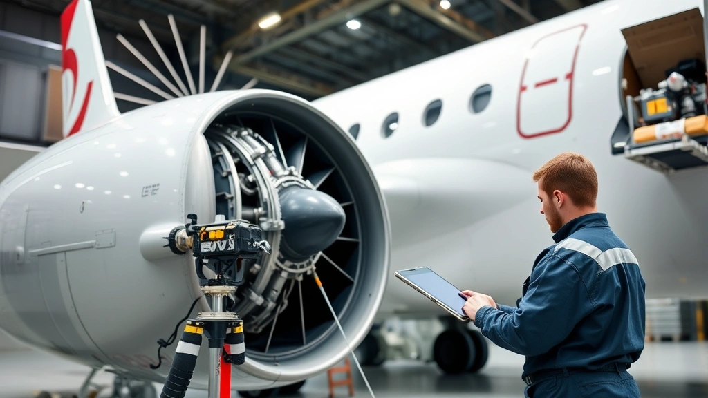 Aircraft maintenance technician inspecting large commercial jet engine with specialized tools and diagnostic equipment in hangar, professional maintenance environment