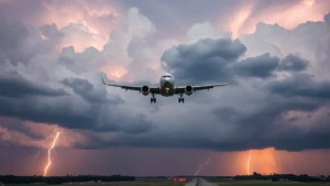 Commercial aircraft approaching landing during dramatic storm clouds and lightning in background, Alabama airport runway visible below, professional aviation photography
