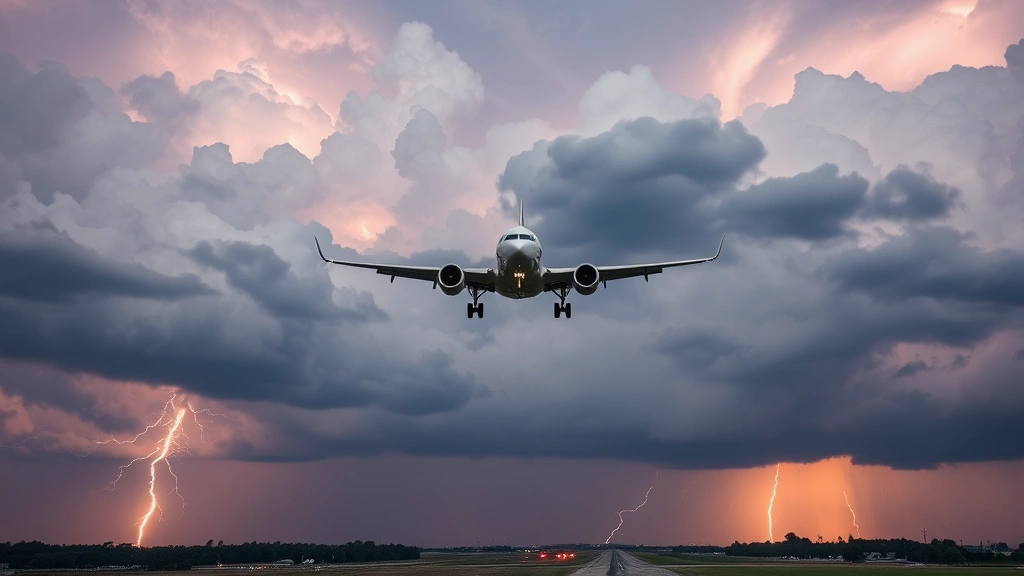 Commercial aircraft approaching landing during dramatic storm clouds and lightning in background, Alabama airport runway visible below, professional aviation photography
