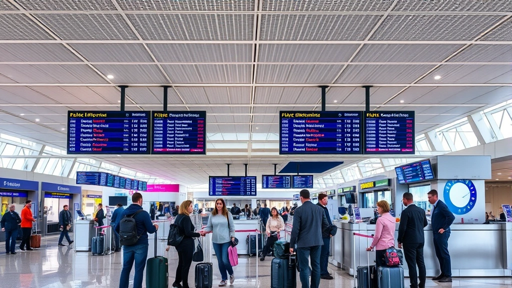 Inside modern airport terminal with flight information displays showing delayed and diverted flights, passengers checking luggage and consulting with airline staff at counter