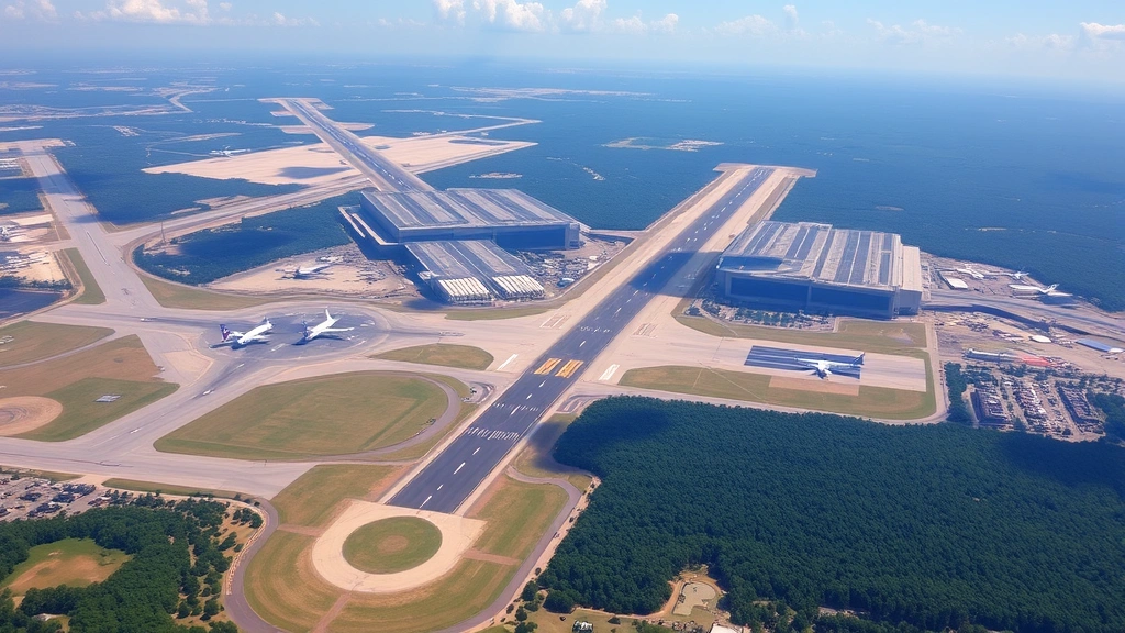 Aerial view of Birmingham-Shuttlesworth International Airport showing multiple runways and taxiways with commercial aircraft, surrounded by Alabama landscape and trees