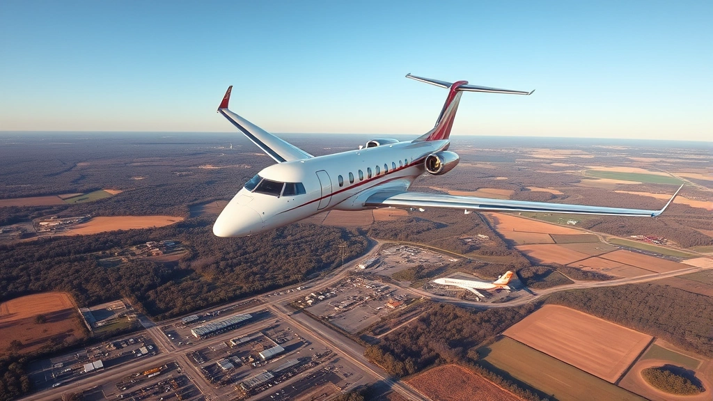 Professional commercial aircraft banking over rural Alabama landscape with Montgomery airport visible below, daytime clear conditions, telephoto perspective