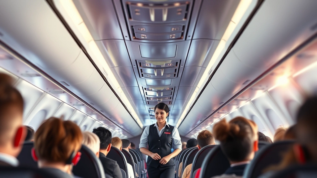 Interior cabin view of passengers during flight with overhead bins and seats, flight attendant in uniform, natural daylight from windows, realistic passenger experience