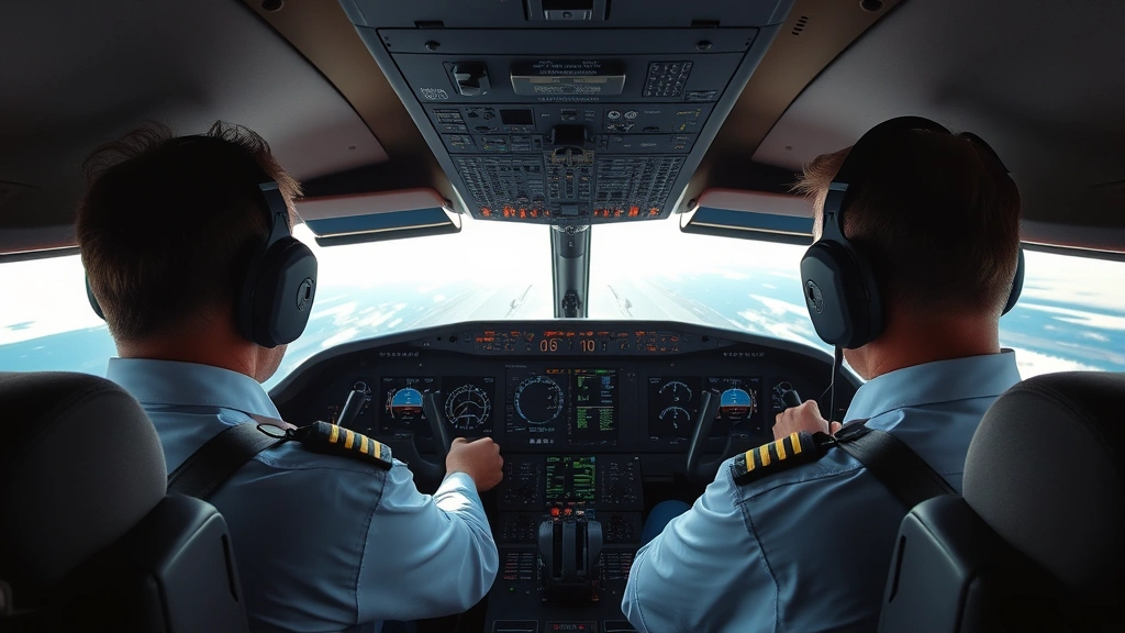 Cockpit view of pilots at controls during descent with instrument panel visible, modern avionics displays, focused professional environment during flight operations