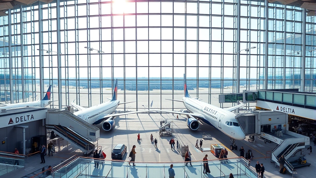 Wide-angle view of Detroit Metropolitan Airport terminal with Delta aircraft parked at gates, modern glass architecture, morning light, busy passenger area with travelers and luggage