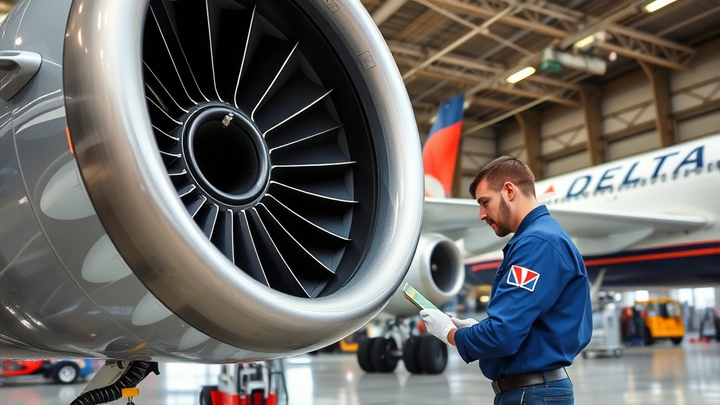 Detailed shot of aircraft maintenance hangar with mechanics inspecting jet engine components, tools and equipment visible, professional technician in Delta uniform examining aircraft systems